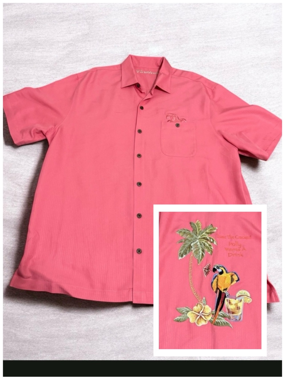 Men's Coral/ Pink Short-Sleeve Tropical Embroidered Camp Shirt